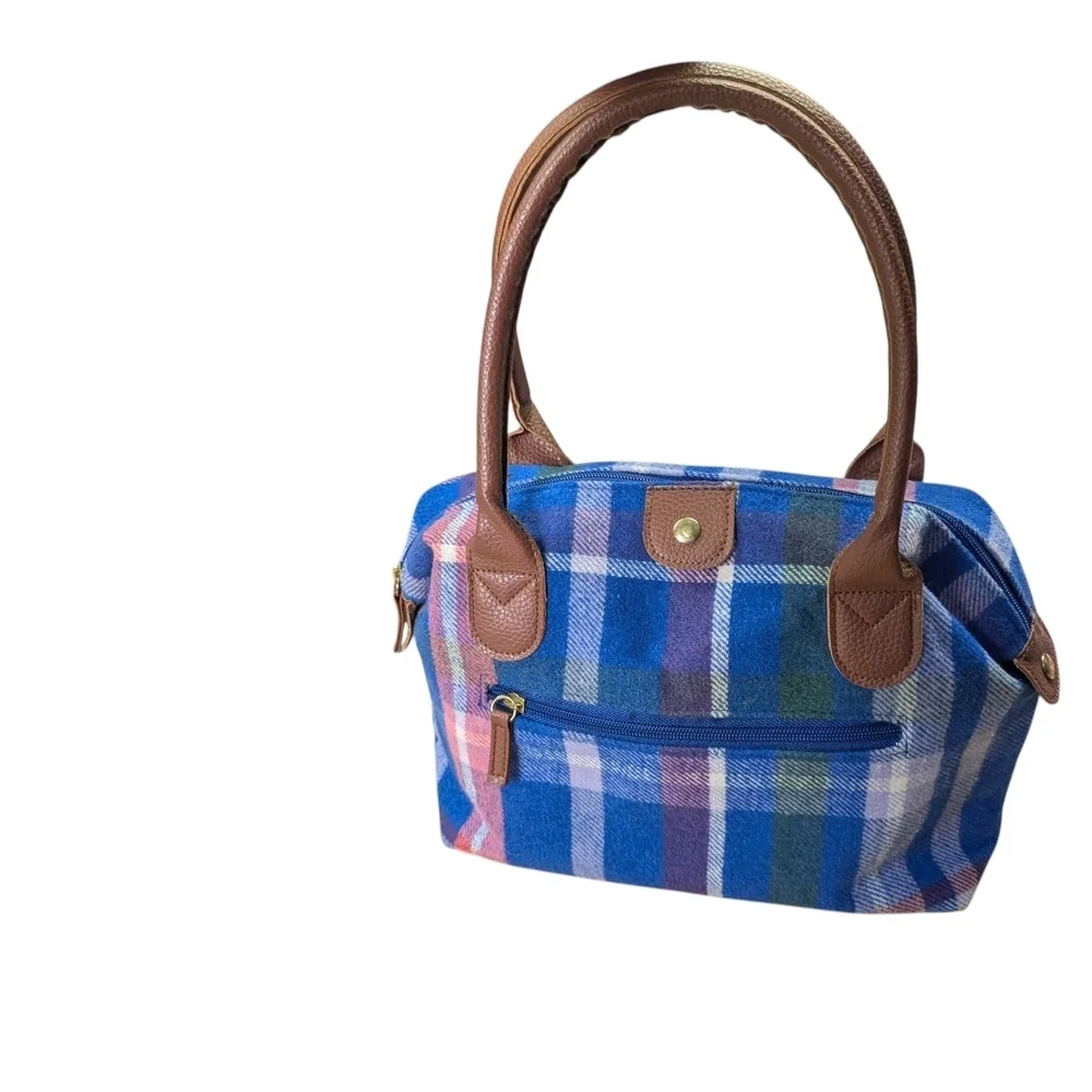Woman Within Plaid Blue Brown White Pink Green Women's Handbag EUC Zipper Pocket - Picture 7 of 11